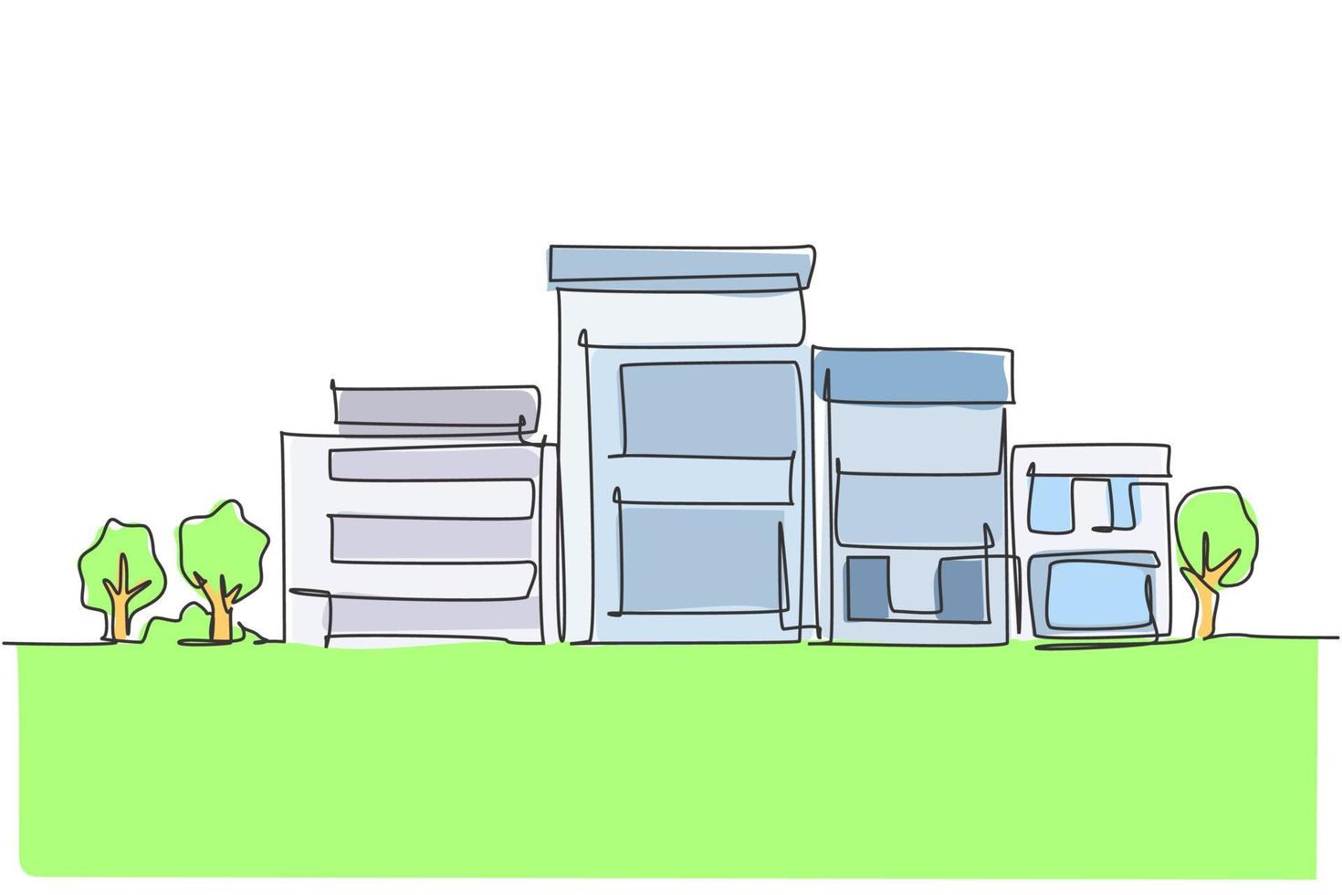 disegno a linea continua di una casa modesta e minimalista verde in città. concetto di minimalismo isolato immobiliare. illustrazione vettoriale di disegno grafico dinamico di una linea su sfondo bianco
