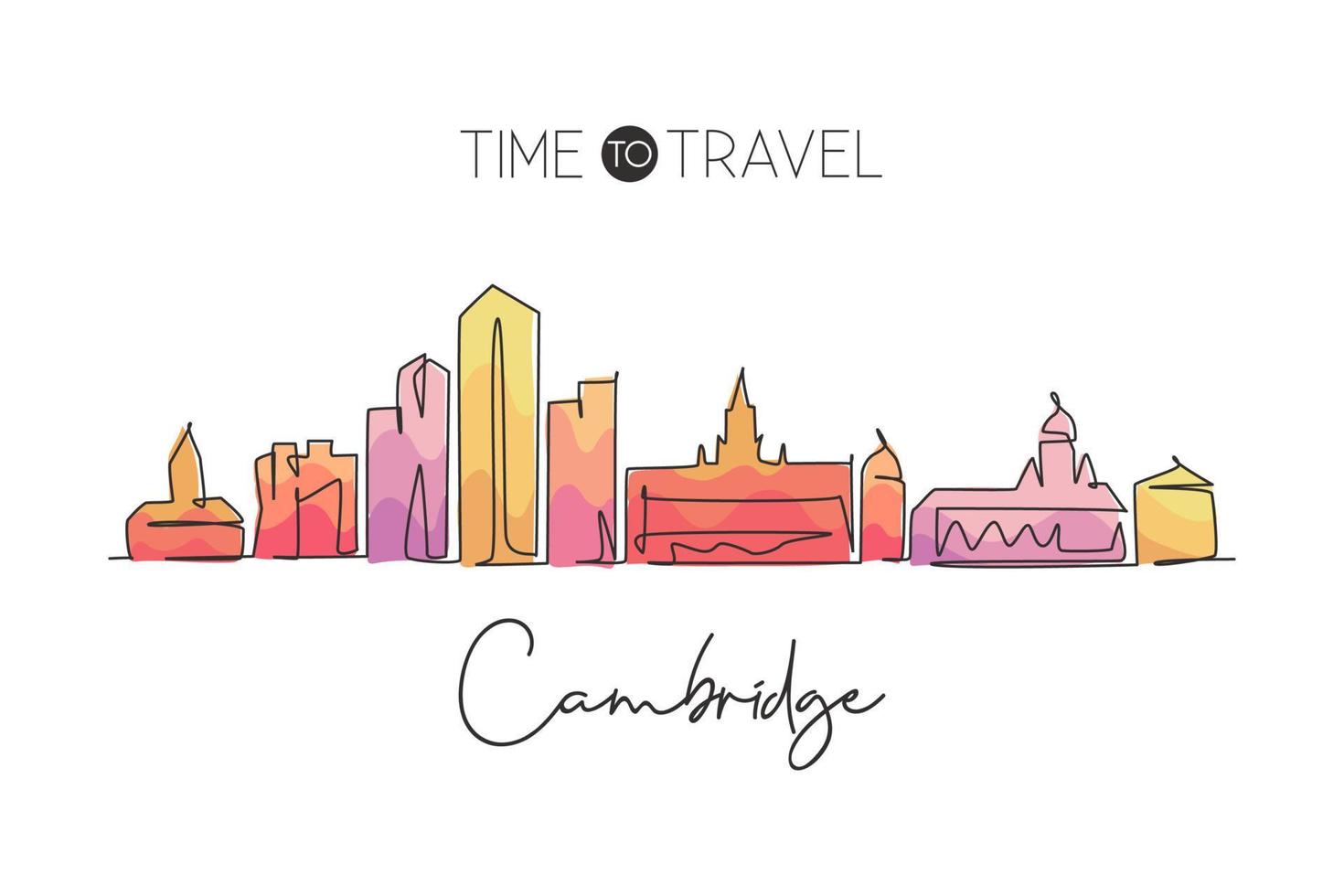 un unico disegno a tratteggio skyline della città di cambridge massachusetts. cartolina del paesaggio della città storica del mondo. migliore destinazione per le vacanze. tratto modificabile alla moda linea continua disegnare disegno vettoriale illustrazione