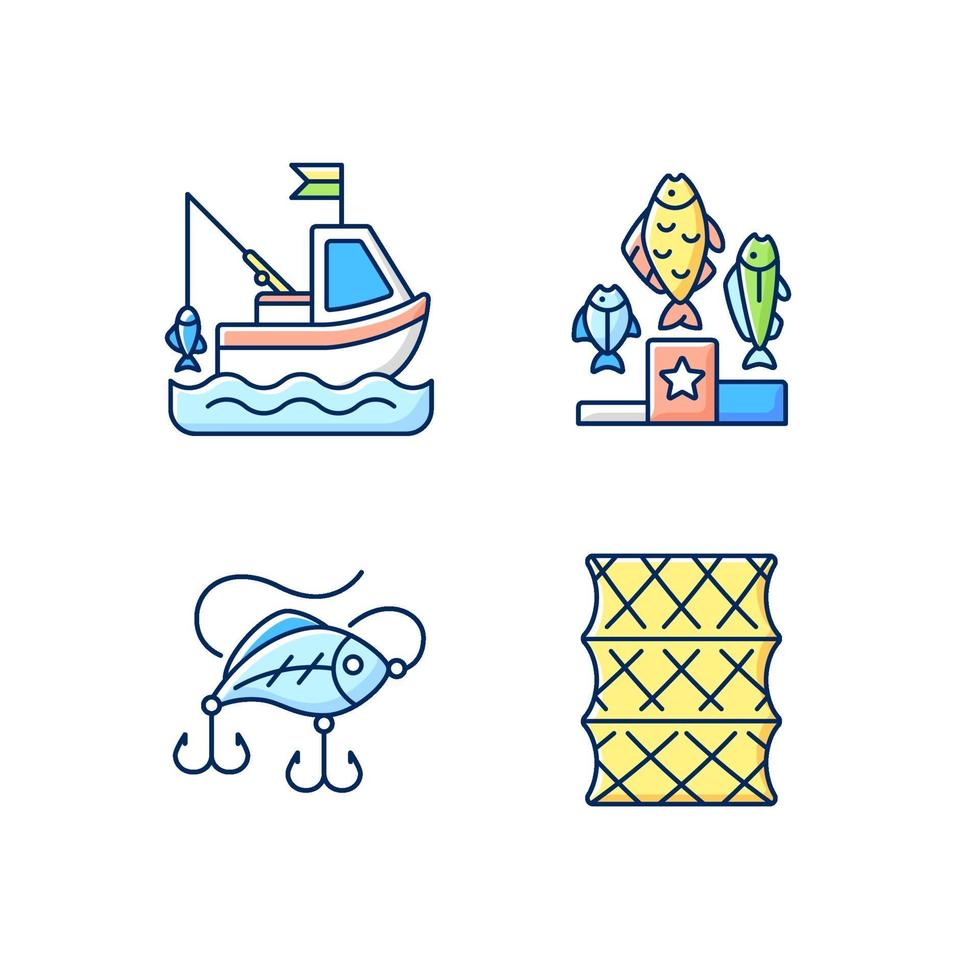 set di icone di colore rgb attrezzi da pesca vettore
