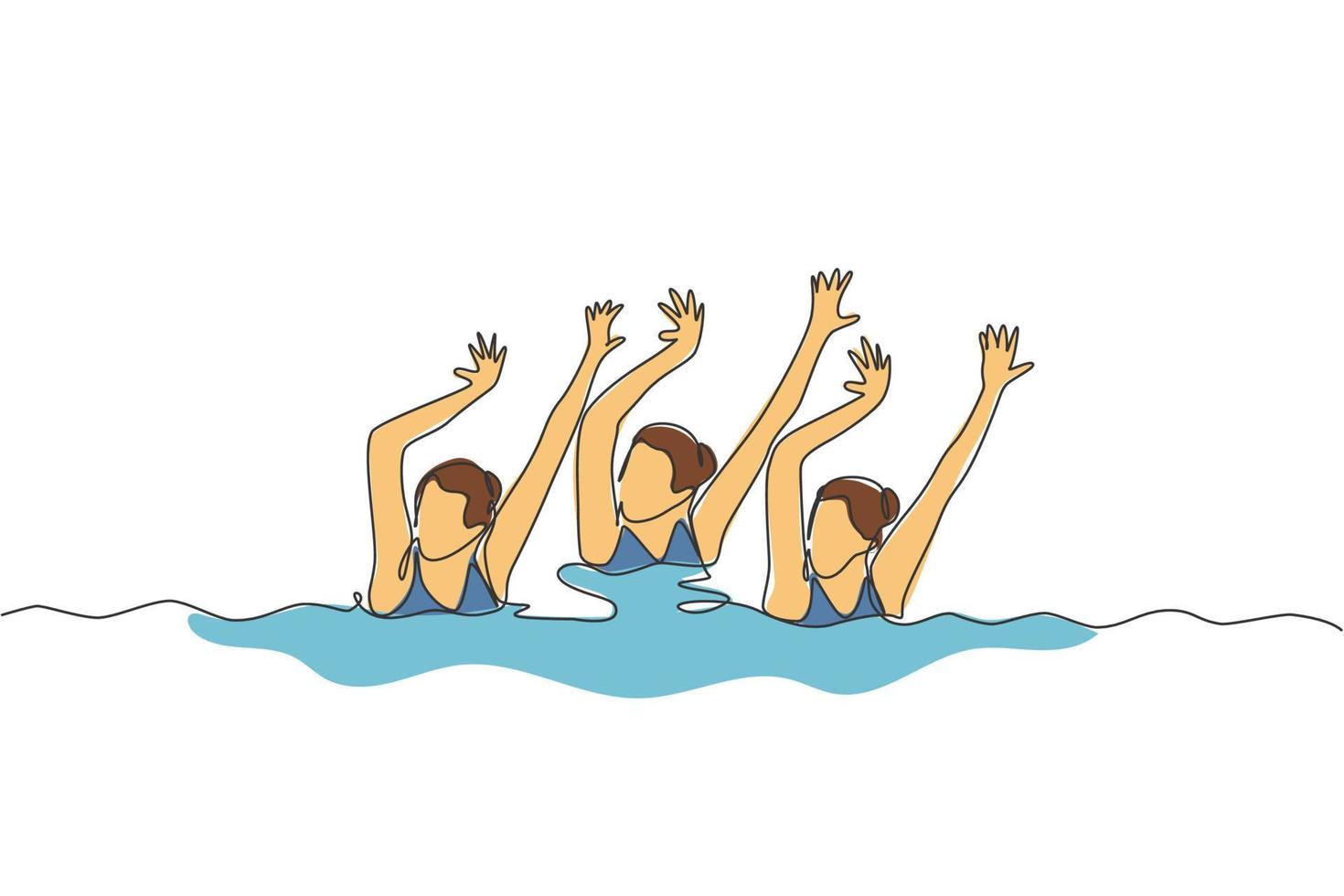 singolo continuo linea disegno di giovane allegro donne eseguire bellissimo sincronizzato nuoto coreografia. gruppo acqua sport concorrenza concetto. di moda uno linea disegnare design vettore illustrazione