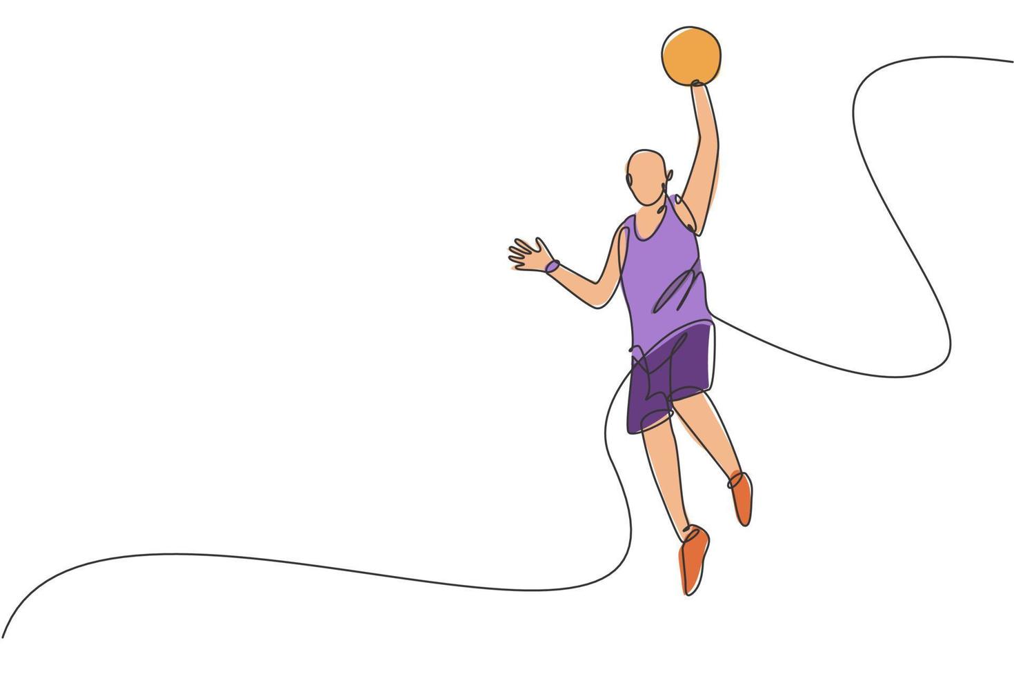 un disegno a linea continua di un giovane giocatore di basket che salta per tirare la palla. concetto di sport di squadra. illustrazione vettoriale dinamica del disegno a linea singola per il poster di reclutamento della squadra di basket del college
