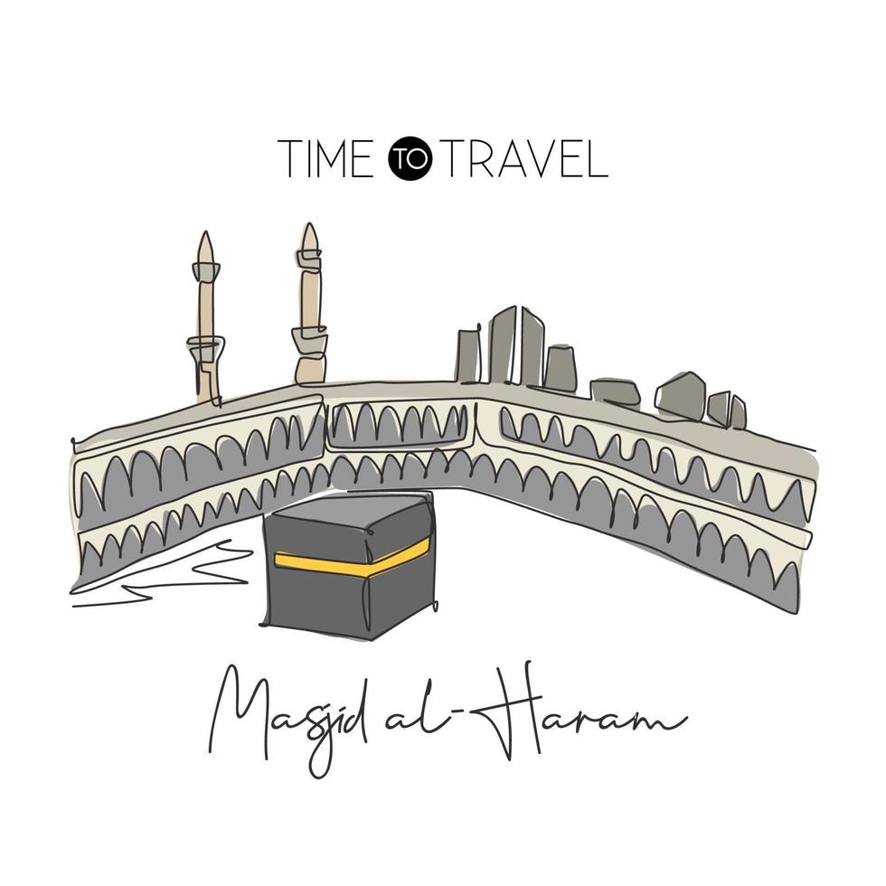 un unico punto di riferimento di masjid el haram di disegno a linea. iconica di fama mondiale nella mecca, arabia saudita. religioso hajj umrah concept wall decor stampa art. illustrazione vettoriale moderna di disegno a linea continua