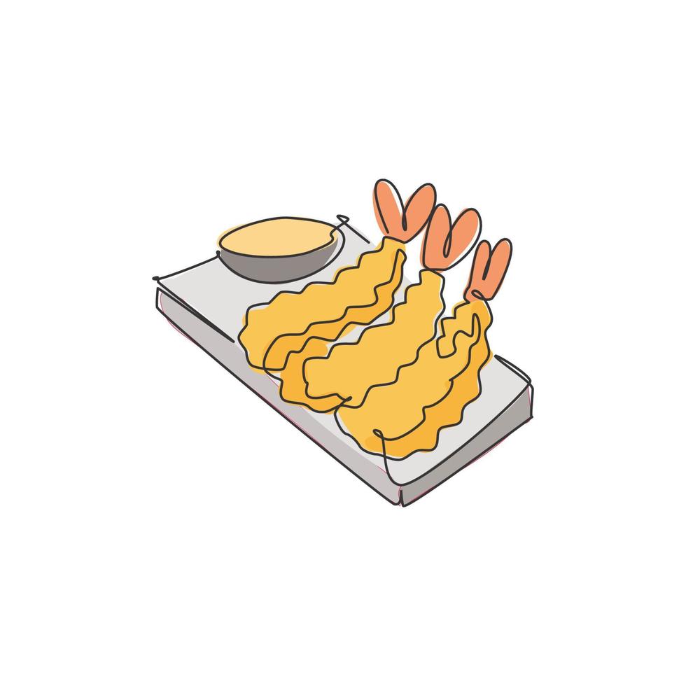 unico disegno a linea continua dell'etichetta stilizzata del logo della tempura giapponese croccante. concetto di ristorante di pesce emblema. illustrazione vettoriale moderna con disegno a una linea per servizio di consegna di bar, negozi o cibo