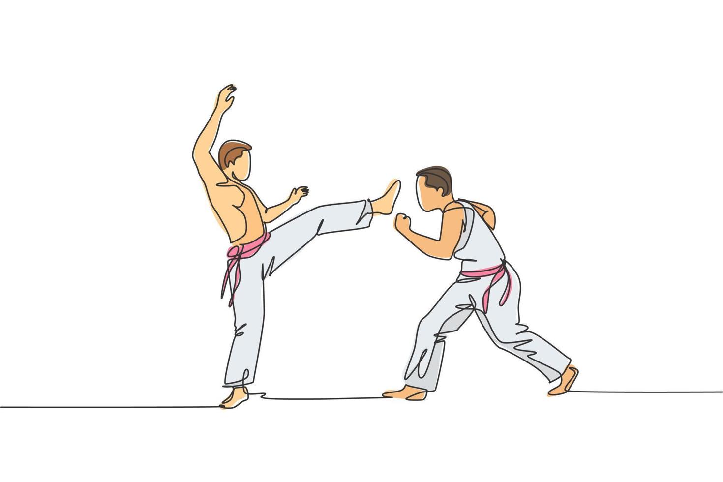 un disegno a linea singola di due giovani ballerini di capoeira energici eseguono l'illustrazione vettoriale di lotta di danza. concetto di sport di stile di vita di arte marziale tradizionale. moderno disegno a linea continua