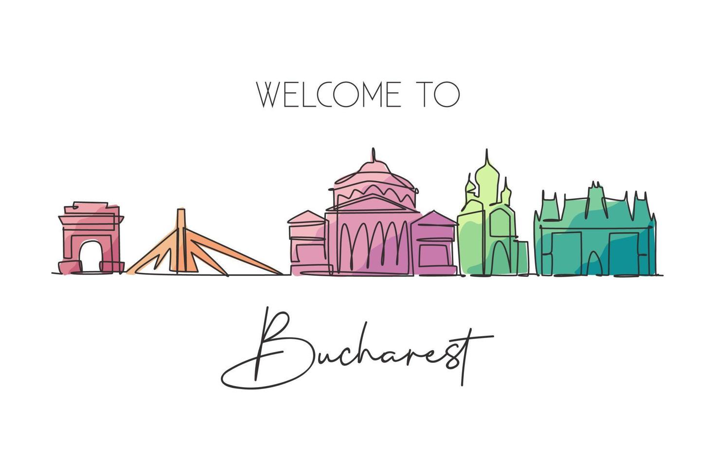 unico disegno a linea continua dello skyline della città di Bucarest, romania. famoso paesaggio del raschietto della città. concetto di stampa del poster della decorazione della parete di arte della casa di viaggio del mondo. illustrazione vettoriale moderna di disegno di una linea