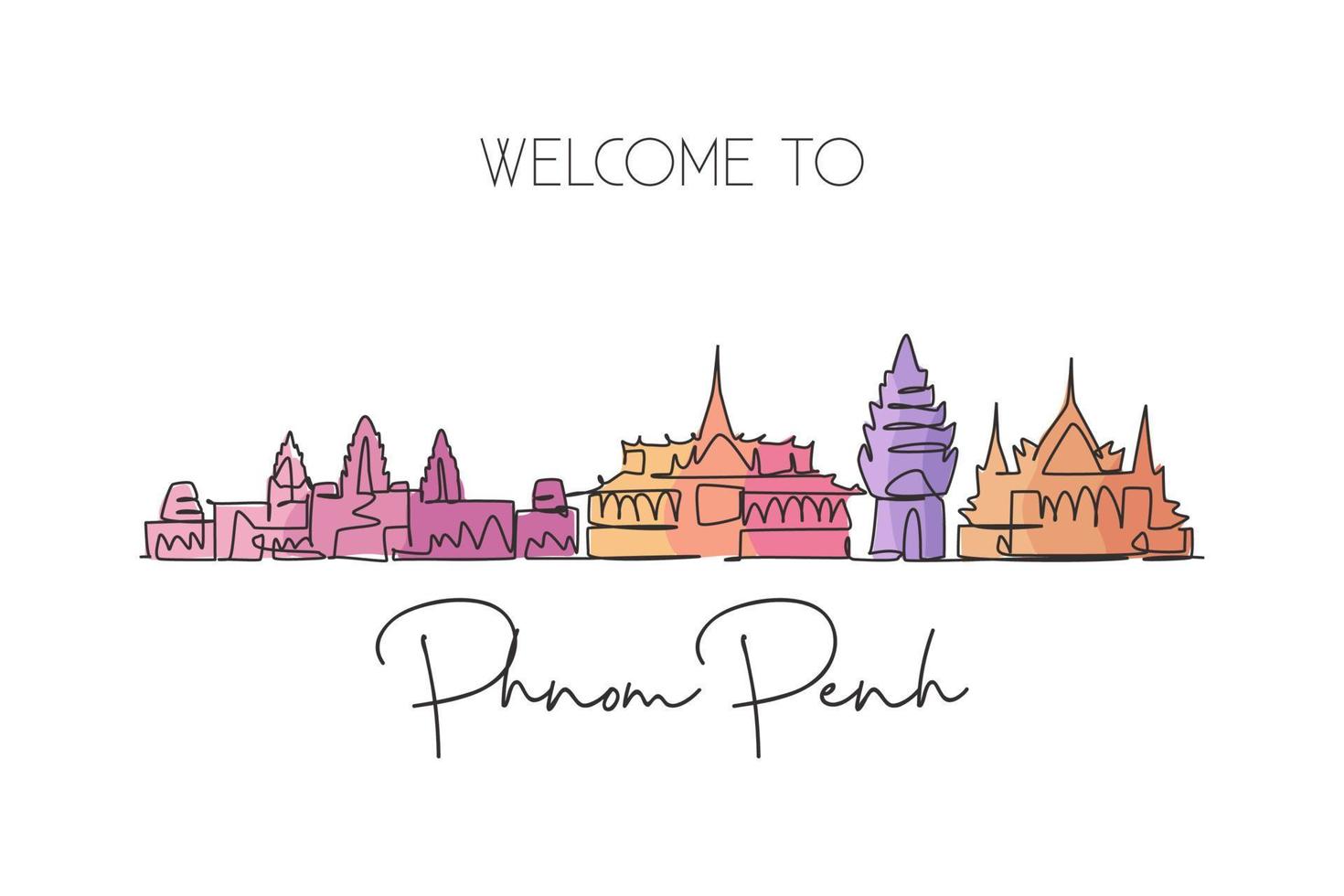 disegno a linea continua singola dello skyline della città di Phnom Penh, in Cambogia. famoso paesaggio cittadino. poster per la decorazione della parete di arte della casa di concetto di viaggio nel mondo. illustrazione vettoriale moderna di disegno di una linea