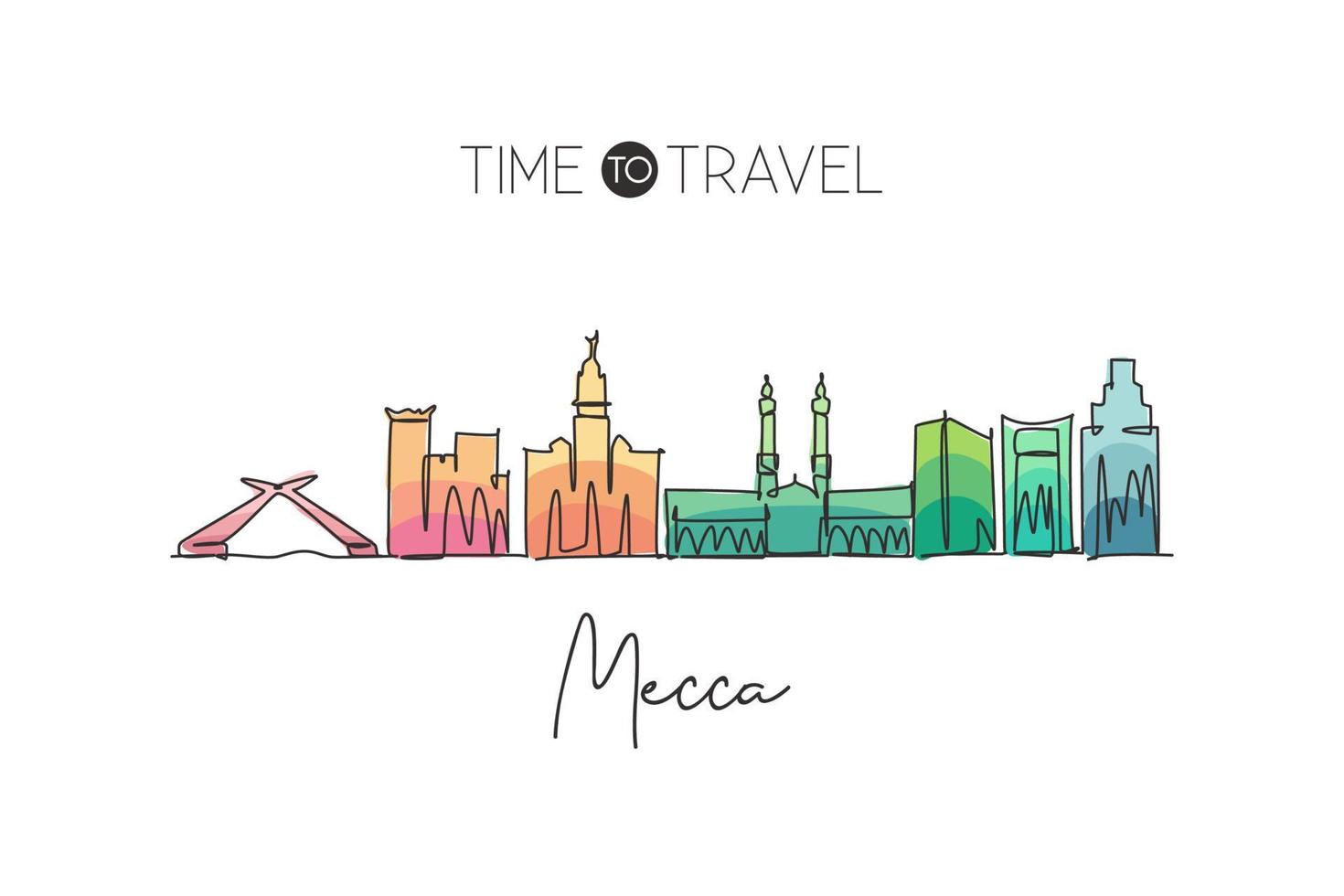 disegno a linea continua singola dello skyline della città santa della mecca, arabia saudita. famoso paesaggio di raschietto della città. stampa di poster da parete per la decorazione della casa di viaggi nel mondo. illustrazione vettoriale moderna di disegno di una linea