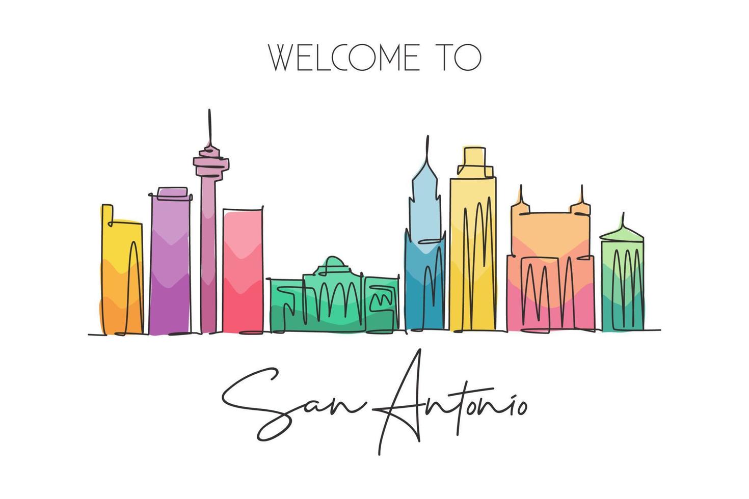 un disegno a linea continua dello skyline di san antonio, usa. bellissimo punto di riferimento. manifesto delle vacanze di viaggio del turismo del paesaggio mondiale. illustrazione vettoriale di disegno a linea singola con tratto elegante modificabile