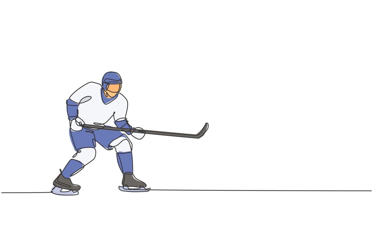 unico disegno a linea continua di un giovane giocatore professionista di hockey su ghiaccio pongono la difesa della posizione sull'arena della pista di pattinaggio. concetto di sport invernale estremo. illustrazione grafica vettoriale di disegno di una linea alla moda