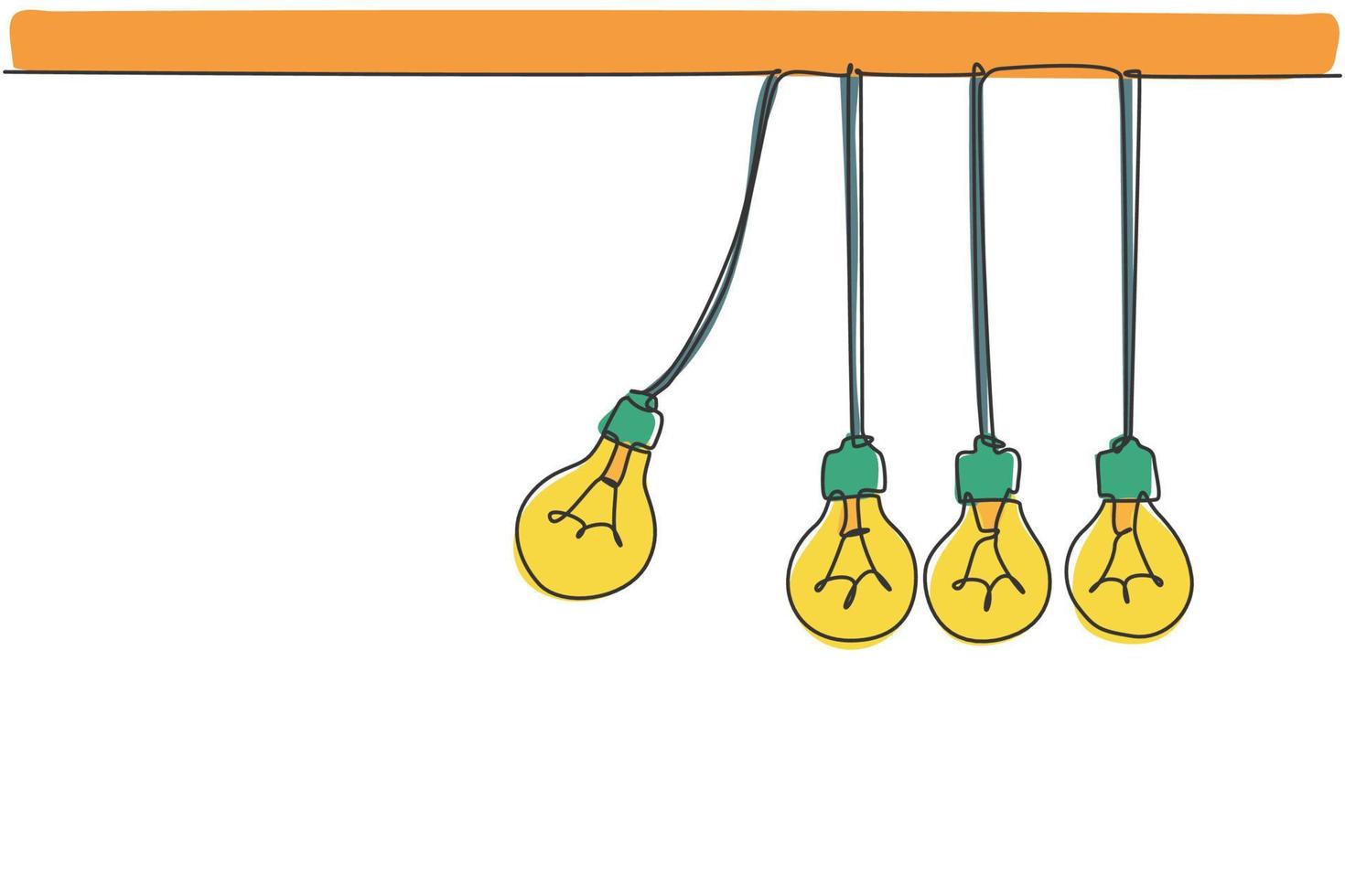 singolo disegno a linea continua di lampadine a pendolo che oscillano colpiscono l'etichetta del logo di altre lampadine. concetto di decorazione della parete poster. illustrazione di vettore di progettazione grafica di disegno di una linea moderna