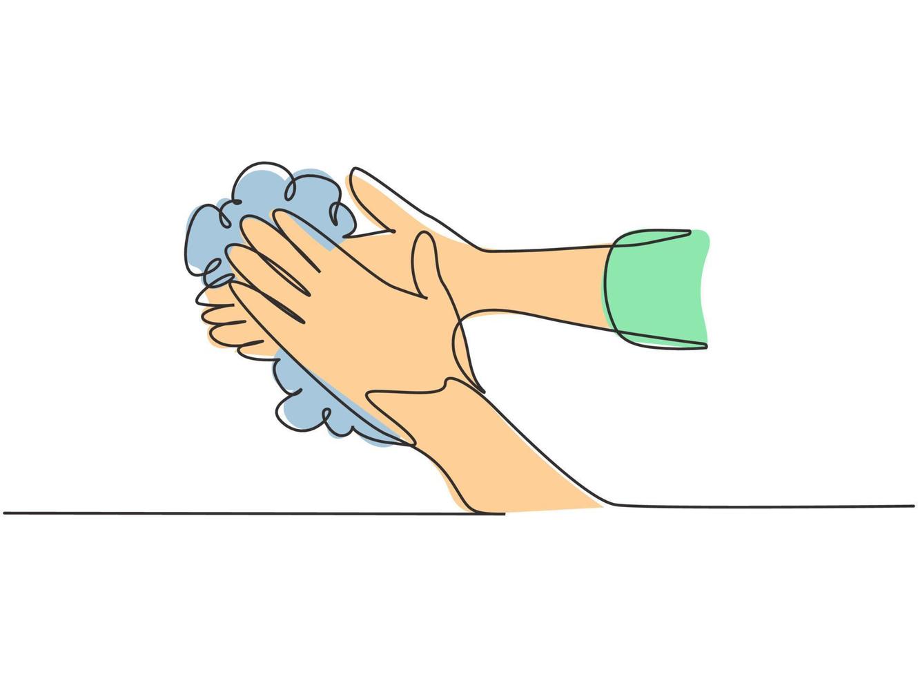 continua una linea disegnando dodici passaggi lavaggio a mano strofinando i palmi delle mani con sapone e acqua corrente. prevenzione precoce contro il virus corona. illustrazione grafica vettoriale di disegno a linea singola.