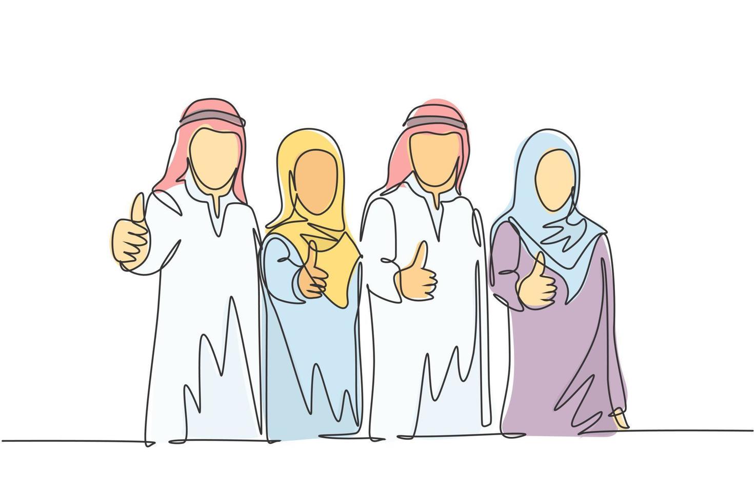 singolo continuo linea disegno di giovane musulmano uomo d'affari e donna d'affari dando pollici su gesti. arabo mezzo est stoffa shmagh, Kandura, disgelo, veste. uno linea disegnare design vettore illustrazione