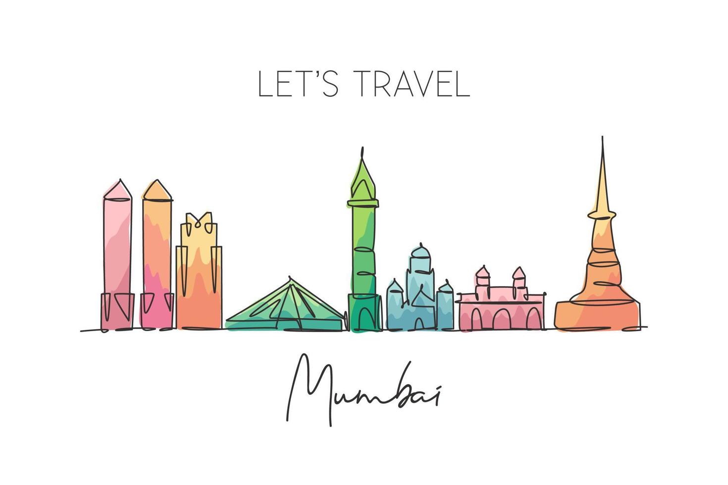 unico disegno a linea continua dello skyline della città di mumbai, india. famosa città raschietto e cartolina del paesaggio. concetto di viaggio nel mondo. tratto modificabile moderno disegno di una linea grafica illustrazione vettoriale