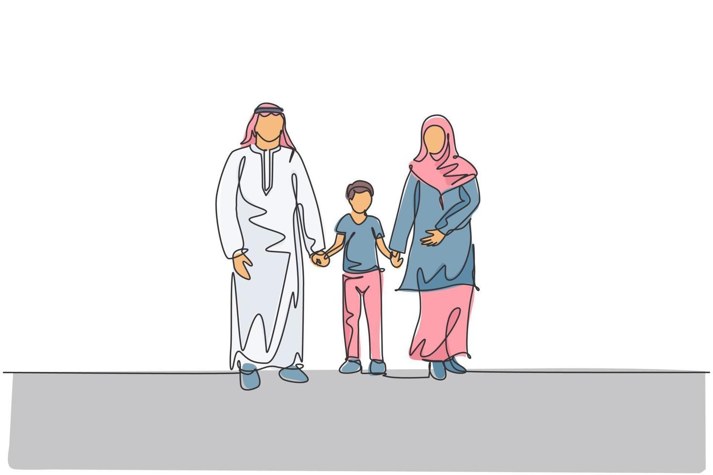 singolo disegno a linea continua di giovani madre e padre arabi camminano insieme e tengono la mano del loro figlio maschio. concetto di genitorialità famiglia felice musulmana islamica. illustrazione vettoriale di disegno di una linea di disegno