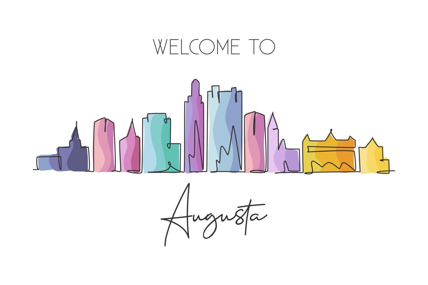 singolo disegno a linea continua dello skyline della città di augusta, in georgia. famoso paesaggio del raschietto della città. concetto di stampa di poster di arte della decorazione della parete della casa di viaggio del mondo. illustrazione vettoriale di design moderno a una linea di disegno