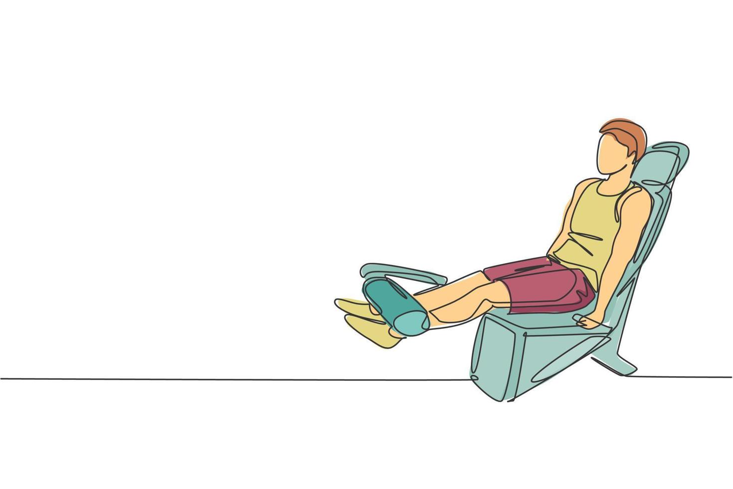 un disegno a linea singola di un giovane esercizio energico con panca in palestra illustrazione grafica vettoriale del centro fitness. concetto di sport di stile di vita sano. moderno disegno a linea continua