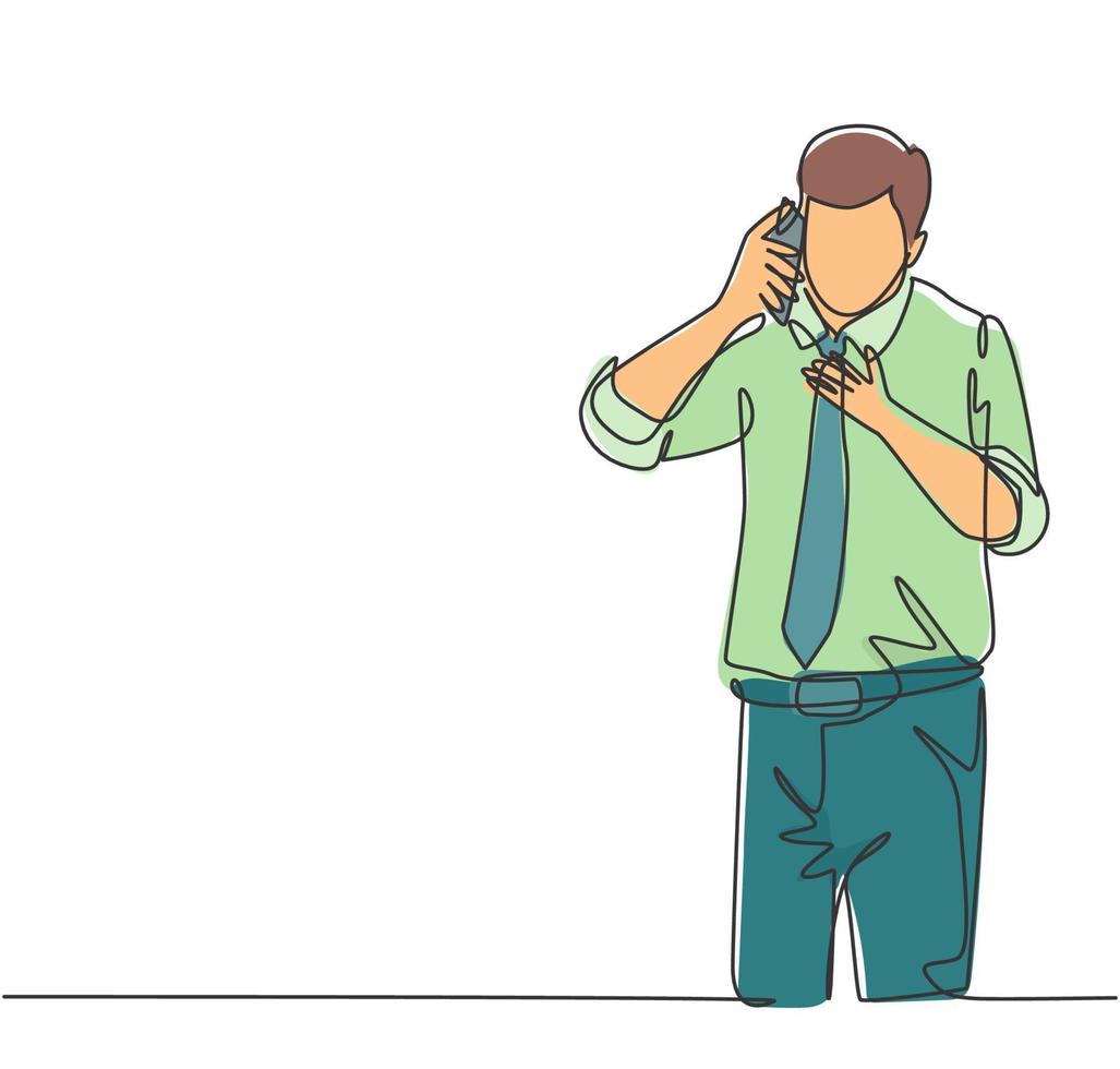 un disegno a tratteggio continuo di un giovane imprenditore maschio riceve una telefonata dal suo fornitore per comunicare il programma di consegna della fornitura. concetto di chiamata d'affari. illustrazione vettoriale grafica di disegno a linea singola