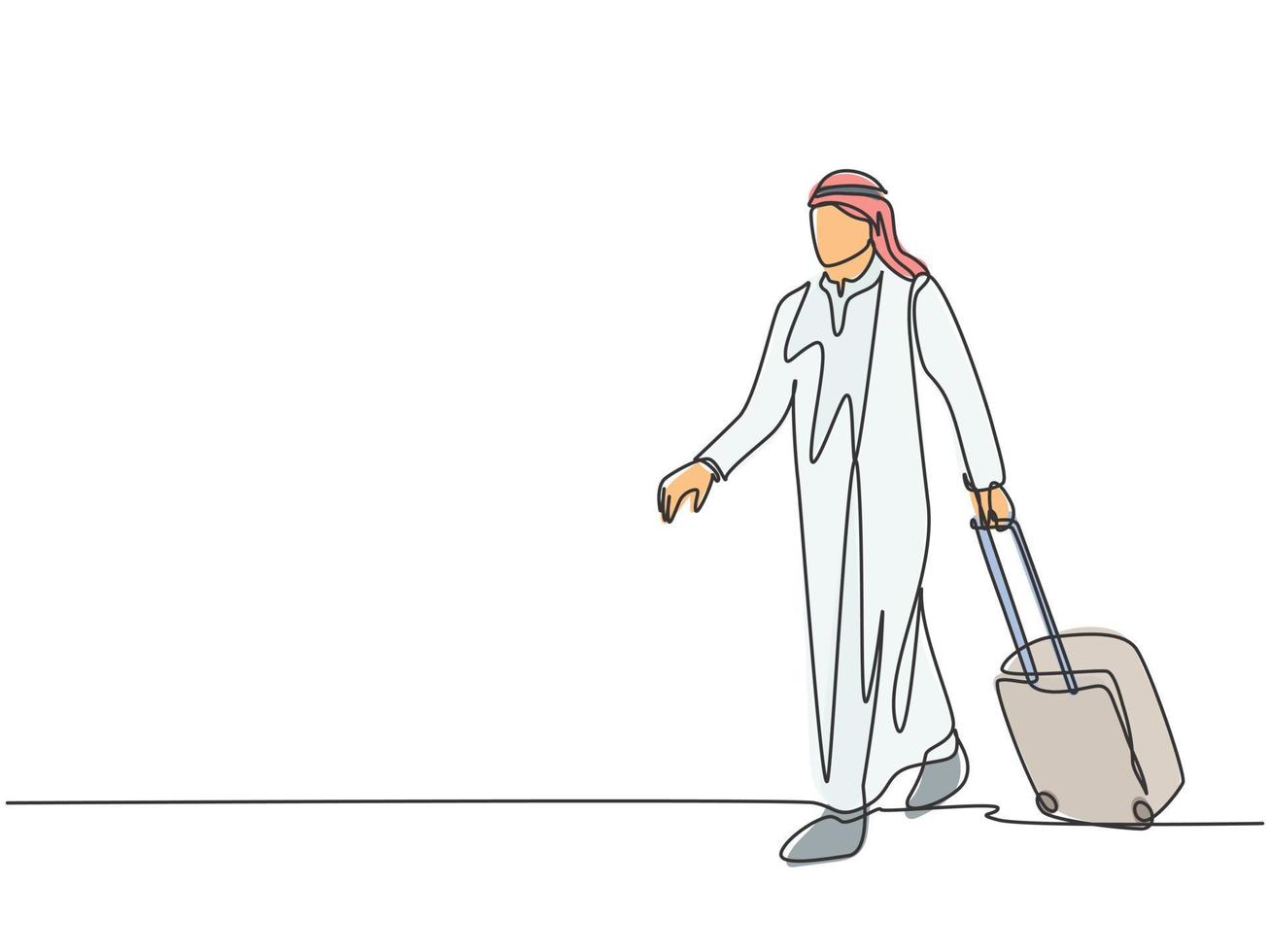 un unico disegno a tratteggio di un giovane uomo d'affari musulmano maschio felice che porta una valigia fuori dall'aeroporto. shmag di stoffa dell'arabia saudita, kandora, foulard, thobe. illustrazione vettoriale di disegno di disegno di linea continua