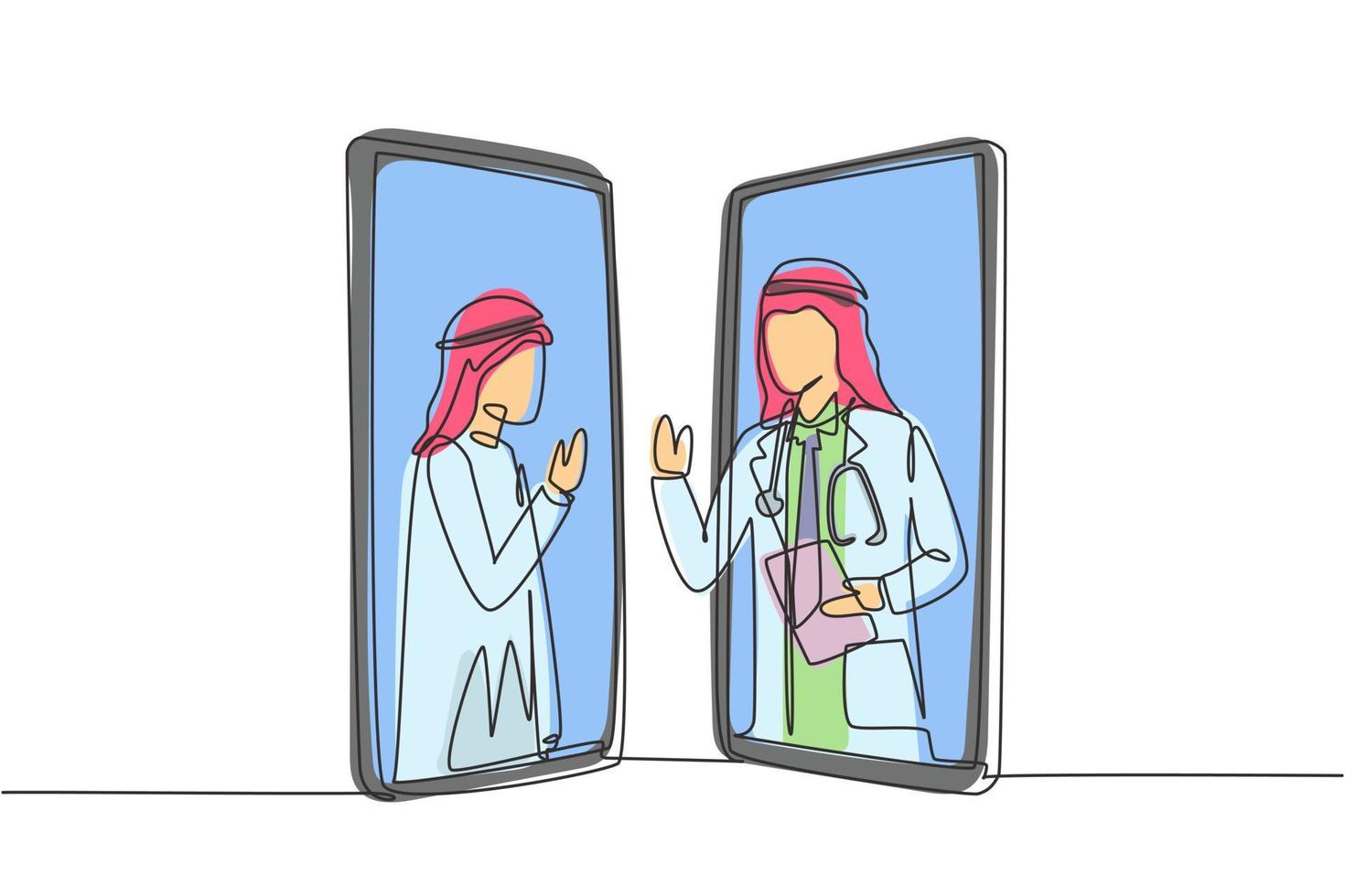 una sola linea che disegna due smartphone faccia a faccia e contiene un paziente maschio arabo e un medico maschio arabo con i loro corpi come se uscissero dallo smartphone. grafica moderna per disegnare linee continue vettore