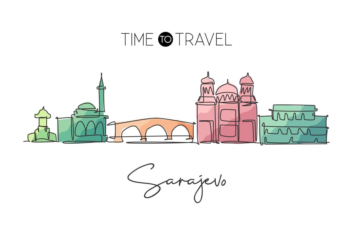 un disegno a linea continua dello skyline della città di sarajevo, bosnia ed erzegovina. bellissimo punto di riferimento. vacanza di viaggio nel paesaggio mondiale. illustrazione vettoriale di disegno a linea singola con tratto elegante modificabile