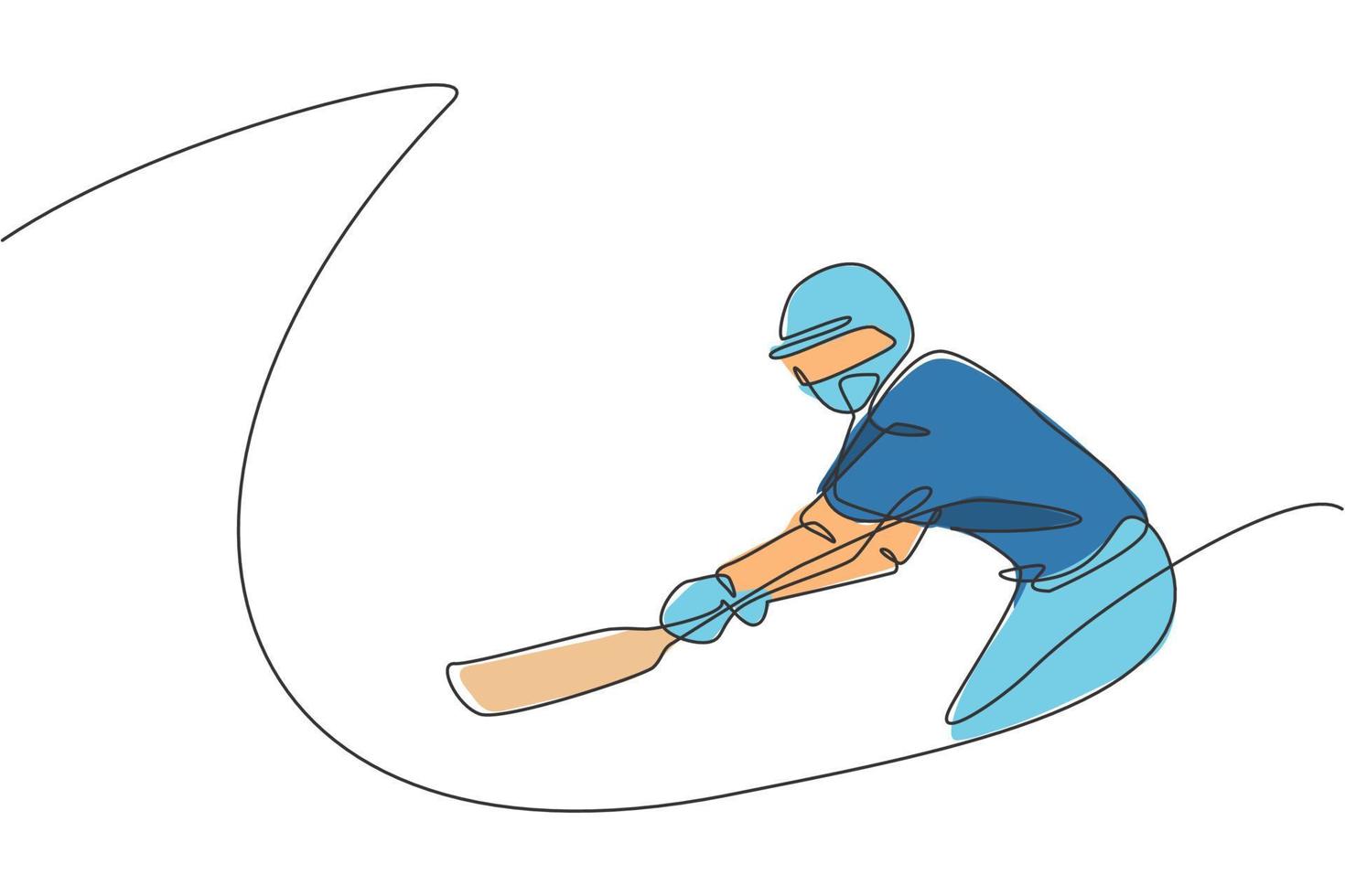 disegno a linea continua singola della pratica del giocatore di cricket del giovane uomo agile per far oscillare l'illustrazione vettoriale della mazza da cricket. concetto di esercizio sportivo. design alla moda di una linea per i media di promozione del cricket