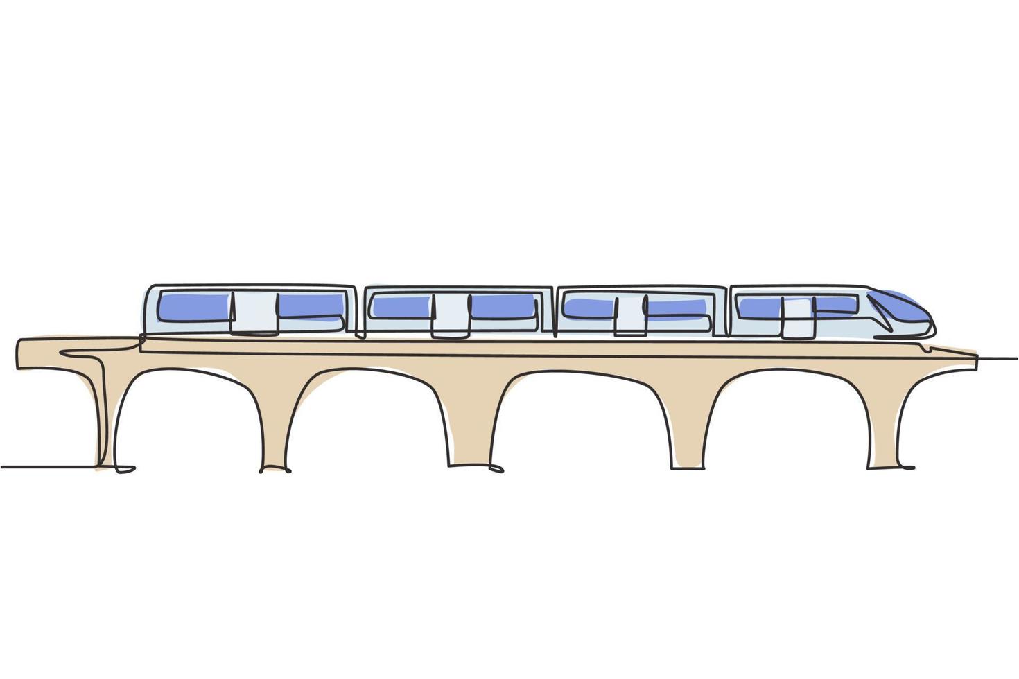 un unico disegno a tratteggio del treno visto frontalmente si prepara a trasportare i passeggeri in modo rapido, sicuro e confortevole a destinazione. moderna linea continua disegnare grafica vettoriale illustrazione.