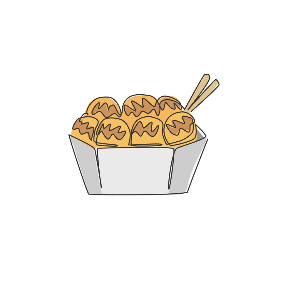 un disegno a linea continua dell'emblema del logo del ristorante della palla takoyaki giapponese fresco e delizioso. concetto di modello di logotipo di negozio di frutti di mare. illustrazione vettoriale grafica moderna con disegno a linea singola