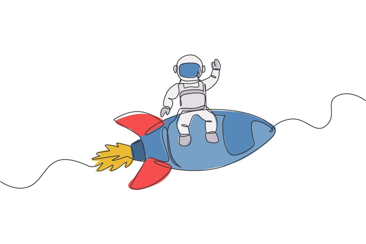 un disegno a tratteggio continuo dell'astronauta astronauta che agita la mano e si siede su un razzo volante. esplorazione del cosmonauta del concetto di spazio esterno. illustrazione vettoriale di disegno grafico di disegno grafico a linea singola dinamica