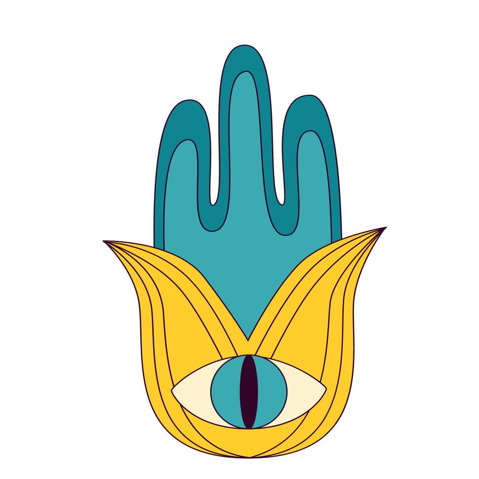 hamsa mano retrò icona. fatima occhio 1970 fantasia astratto stile. etnico esoterico amuleto proteggere a partire dal il male occhio. indiano Arabo o ebraico tradizionale simbolo. per carta etichetta Stampa. vettore illustrazione.