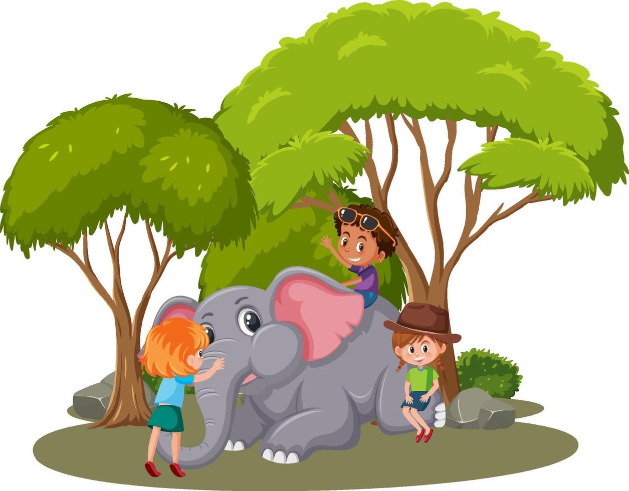 bambini ed elefante felice su sfondo bianco vettore