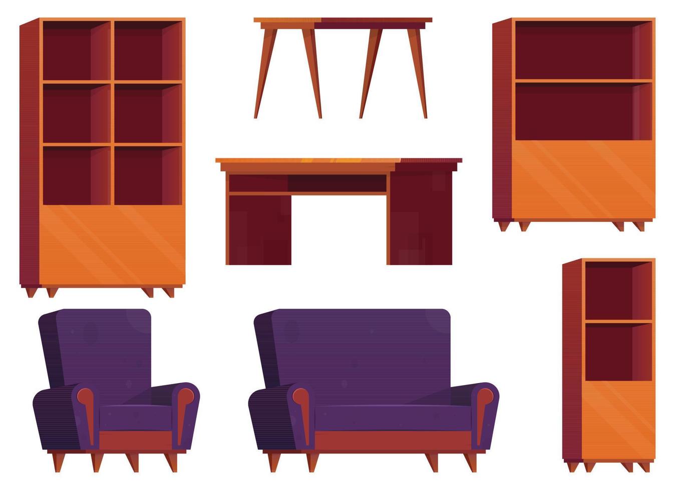 mobilia elementi nel cartone animato stile. collezione di di legno armadio, sedia, tavolo, scrivania e poltrona vettore illustrazione isolato su bianca