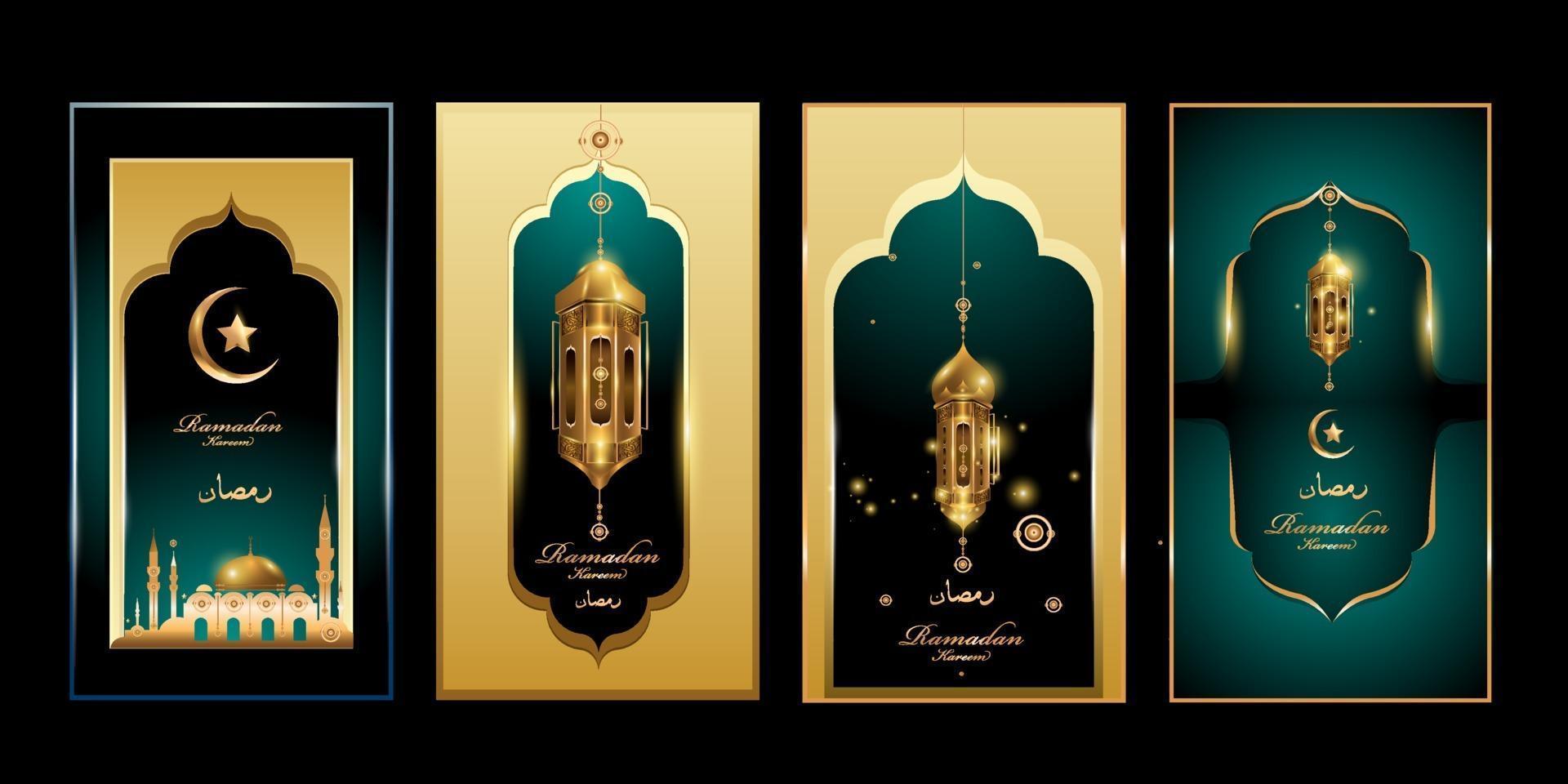 Ramadan Kareem in colore verde e oro con lanterna e illustrazione della moschea per banner, auguri e social media vettore