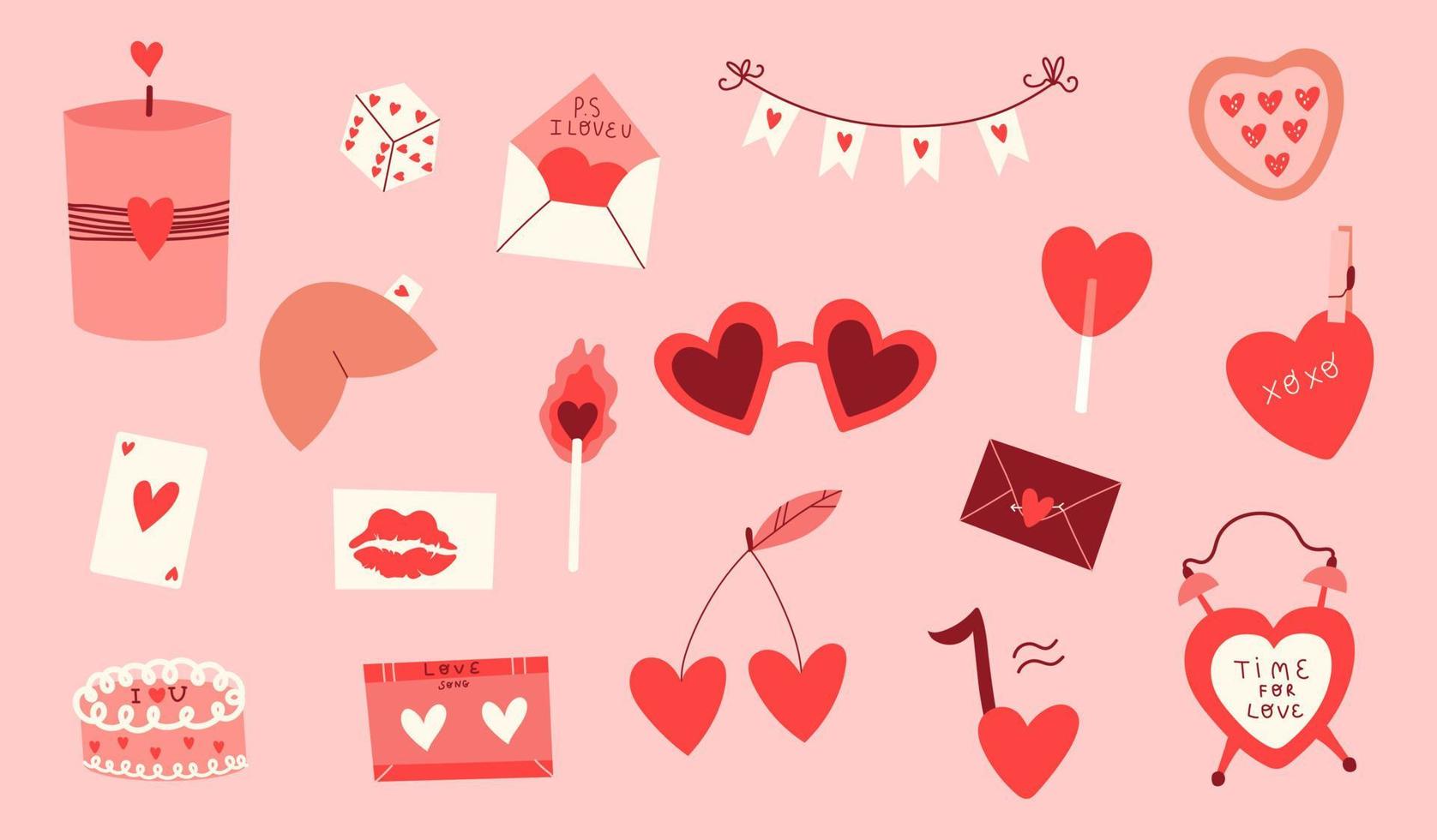 contento San Valentino giorno mano disegnato adesivi collezione. vettore isolato romantico elementi e cuori su rosa sfondo