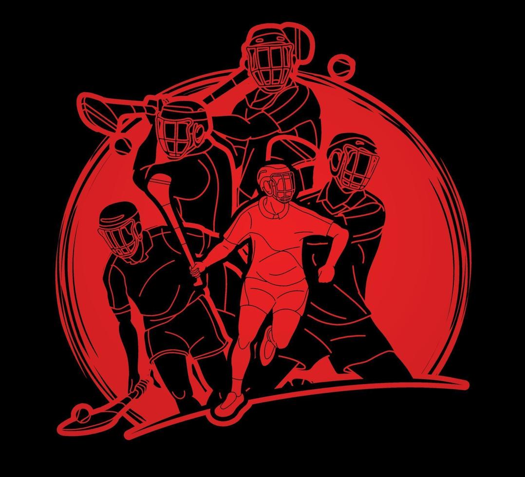 gruppo di pose di azione di giocatori di sport di hurling vettore