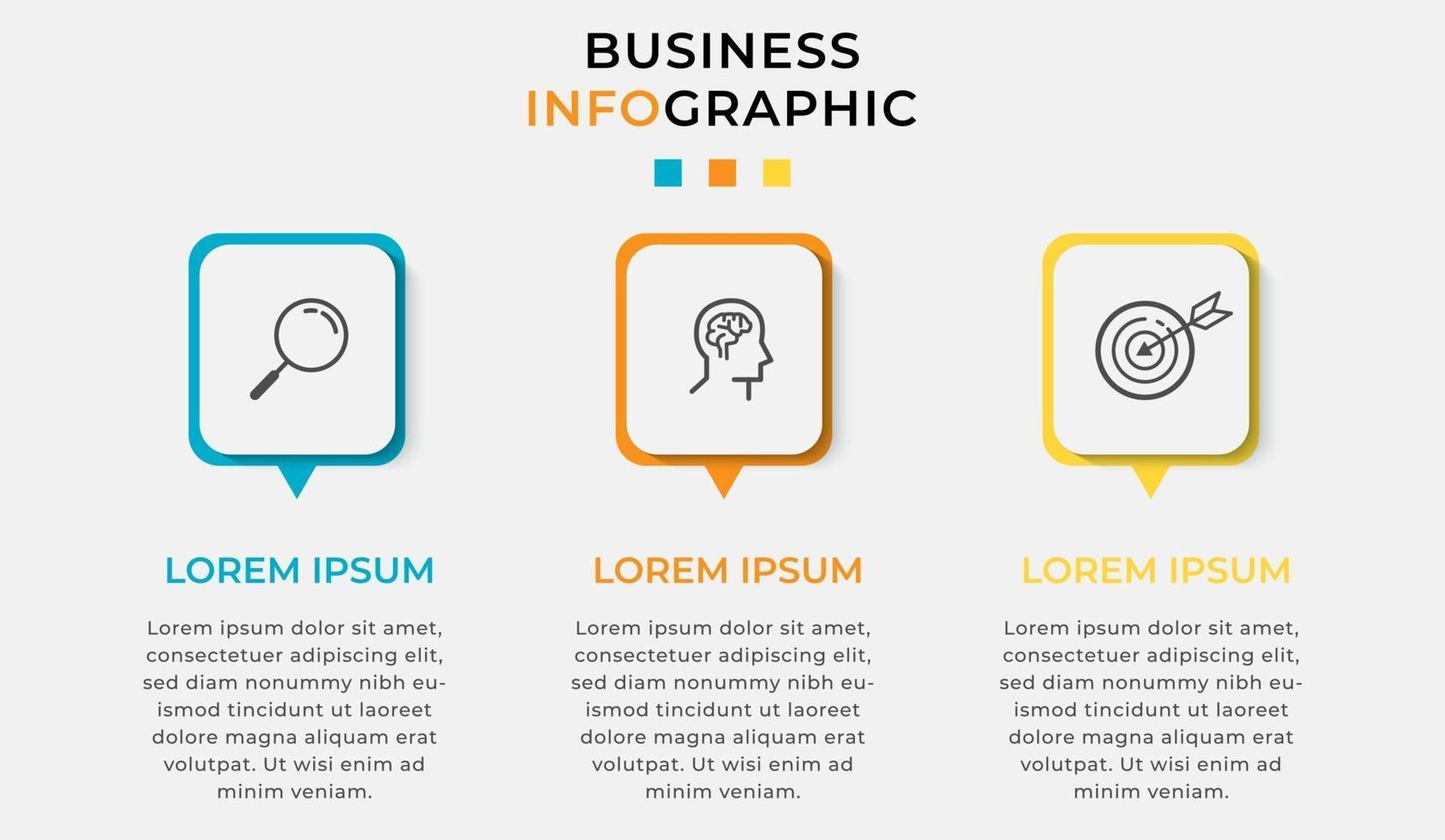 modello di infografica aziendale minimo. cronologia con 3 passaggi, opzioni e icone di marketing vettore