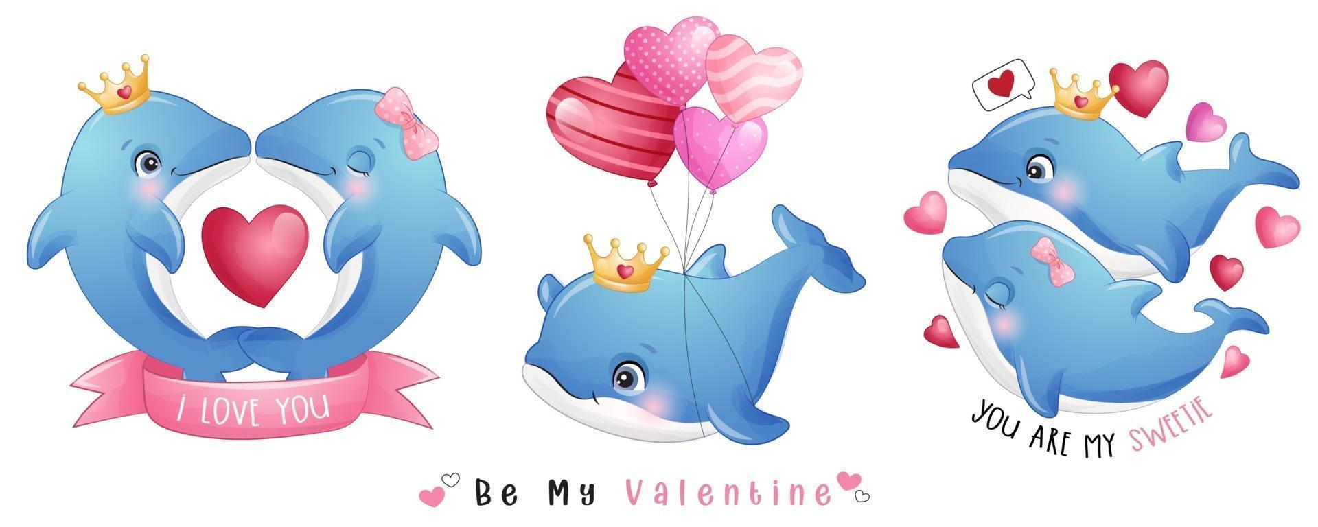 simpatico delfino doodle per la raccolta di San Valentino vettore