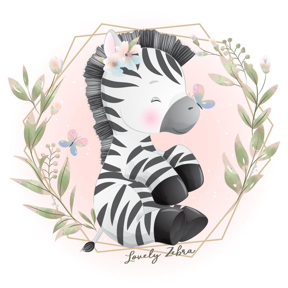 carino doodle zebra con illustrazione floreale vettore