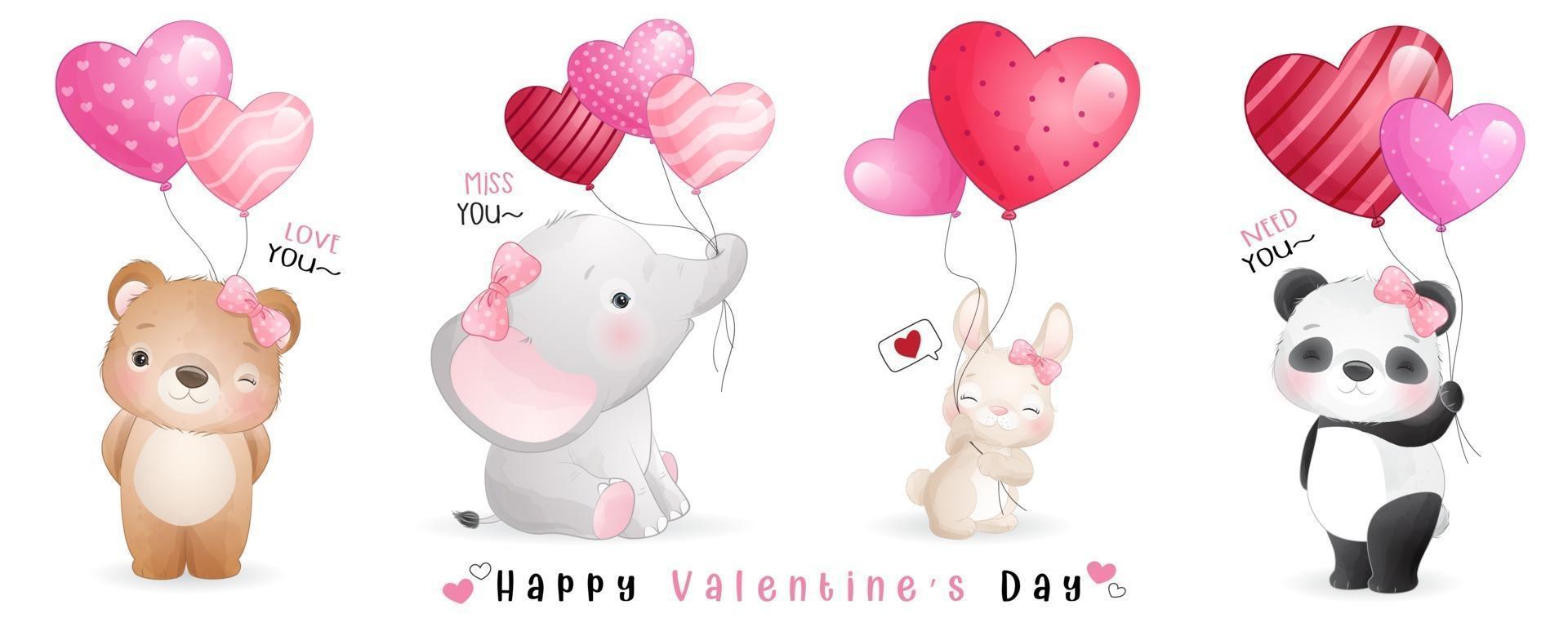 simpatici animali doodle per la raccolta di San Valentino vettore