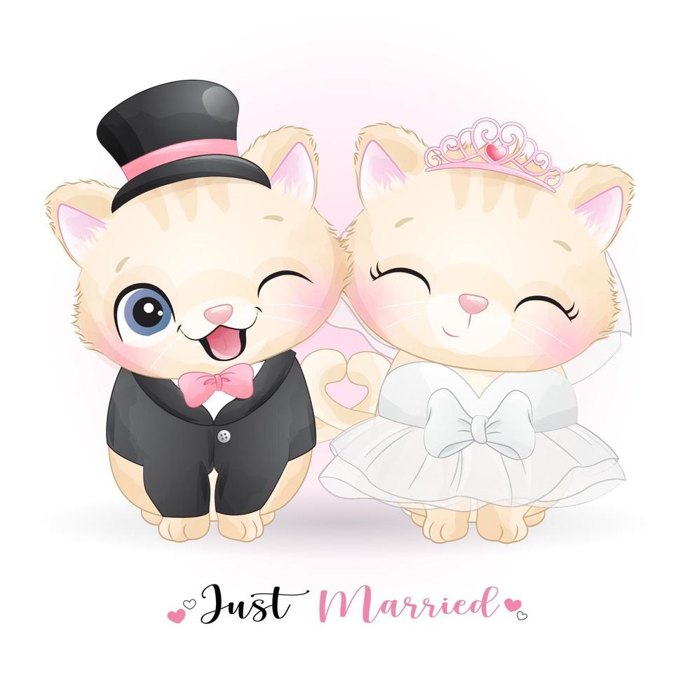 carino doodle gattino con abiti da sposa per San Valentino vettore