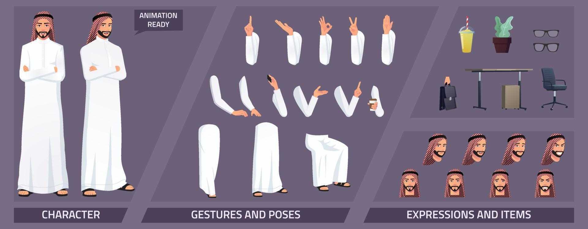 stilizzato musulmano Arabo uomo d'affari personaggio costruttore imballare con espressioni, emozioni, pose e alcuni ufficio elementi vettore