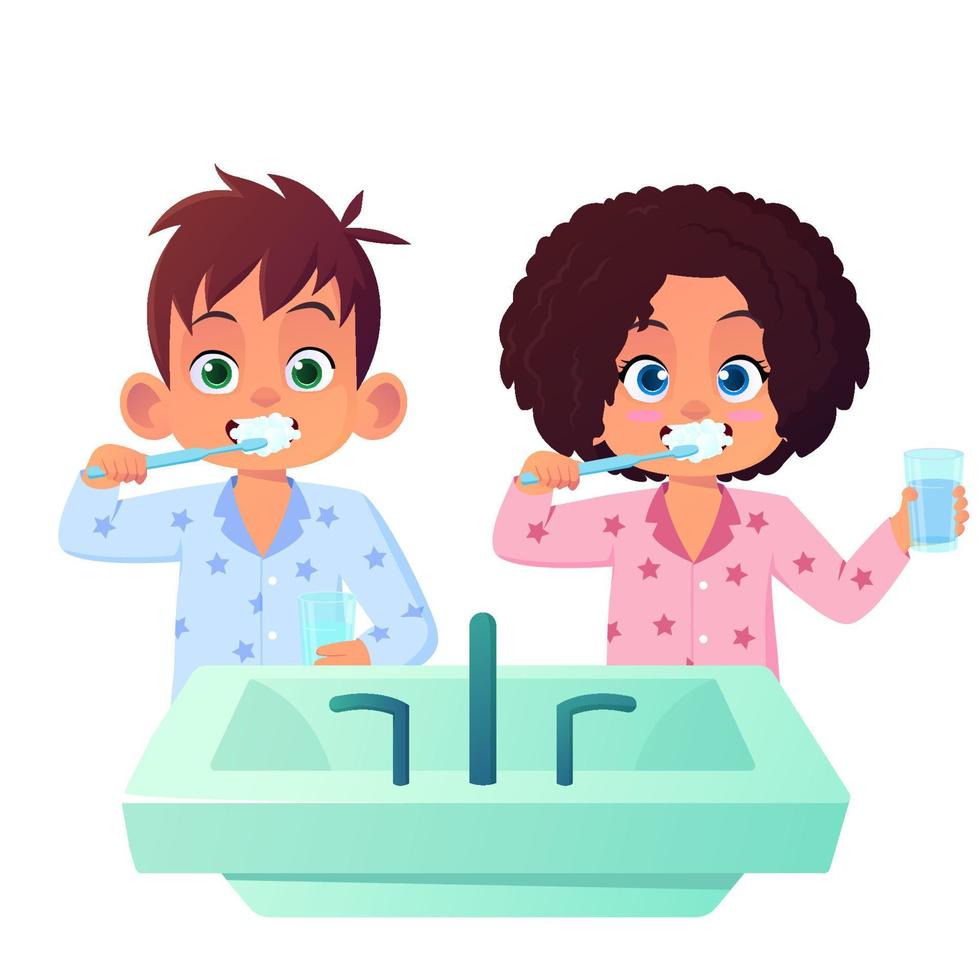 bambini nel pigiama spazzolatura loro dente cartone animato illustrazione vettore