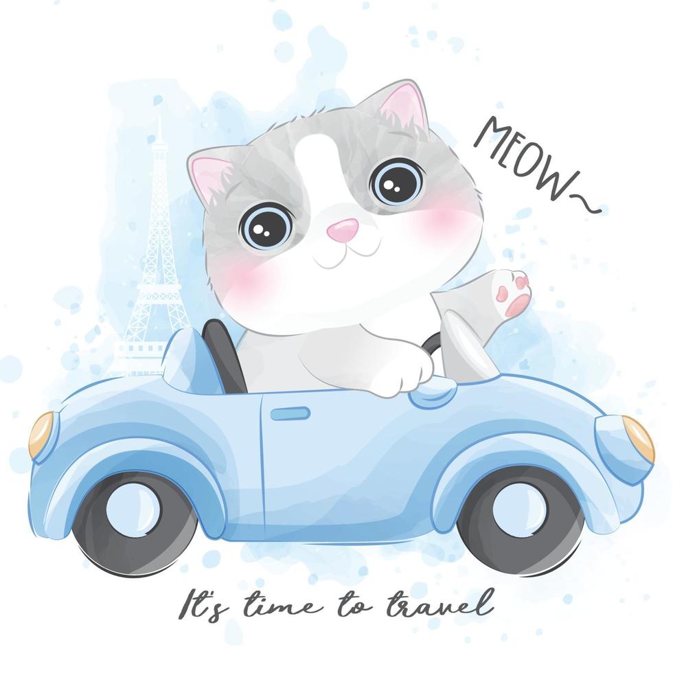 carino piccolo gattino con illustrazione ad acquerello vettore