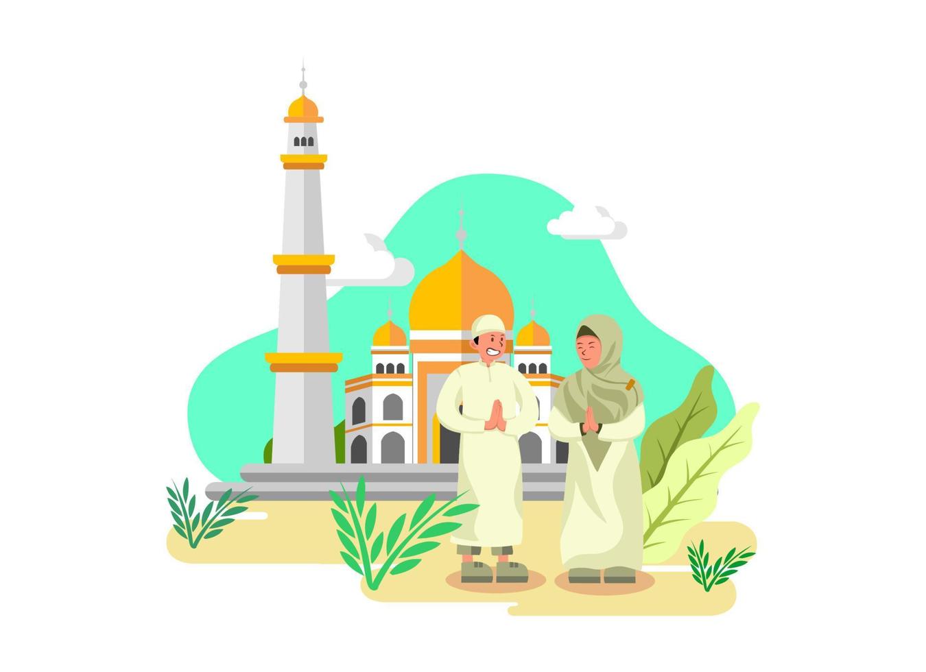 piatto design illustrazione di un' bambini scusandosi per il suo madre nel davanti di un' moschea vettore