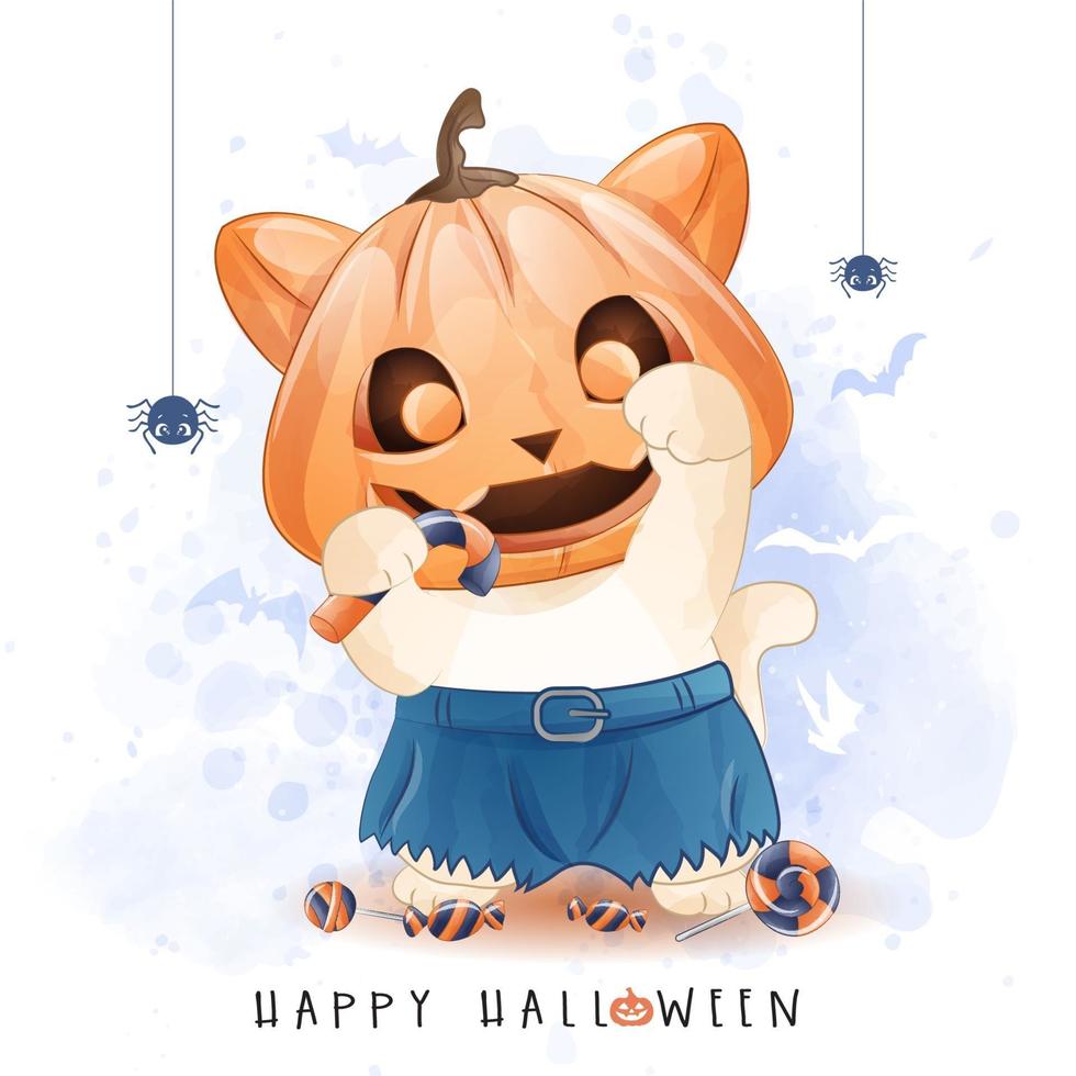 gattino carino per il giorno di halloween con illustrazione ad acquerello vettore