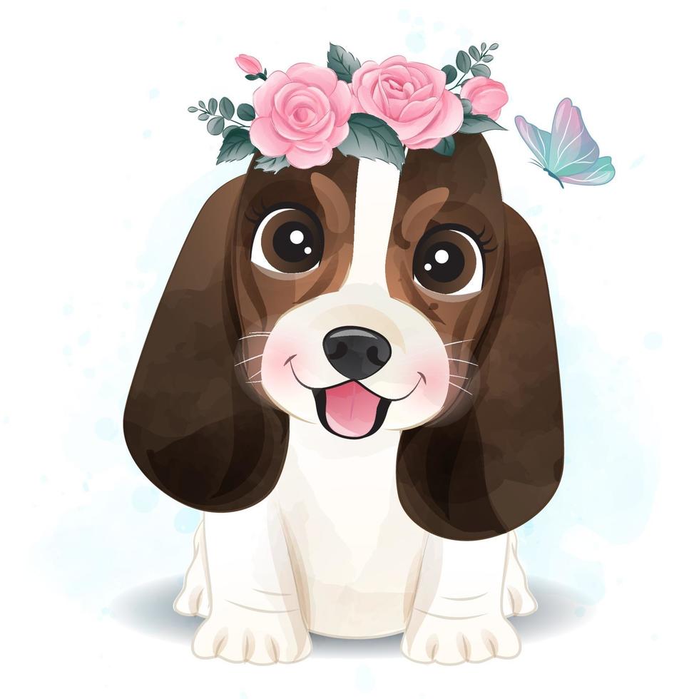 carino piccolo basset hound con illustrazione floreale vettore