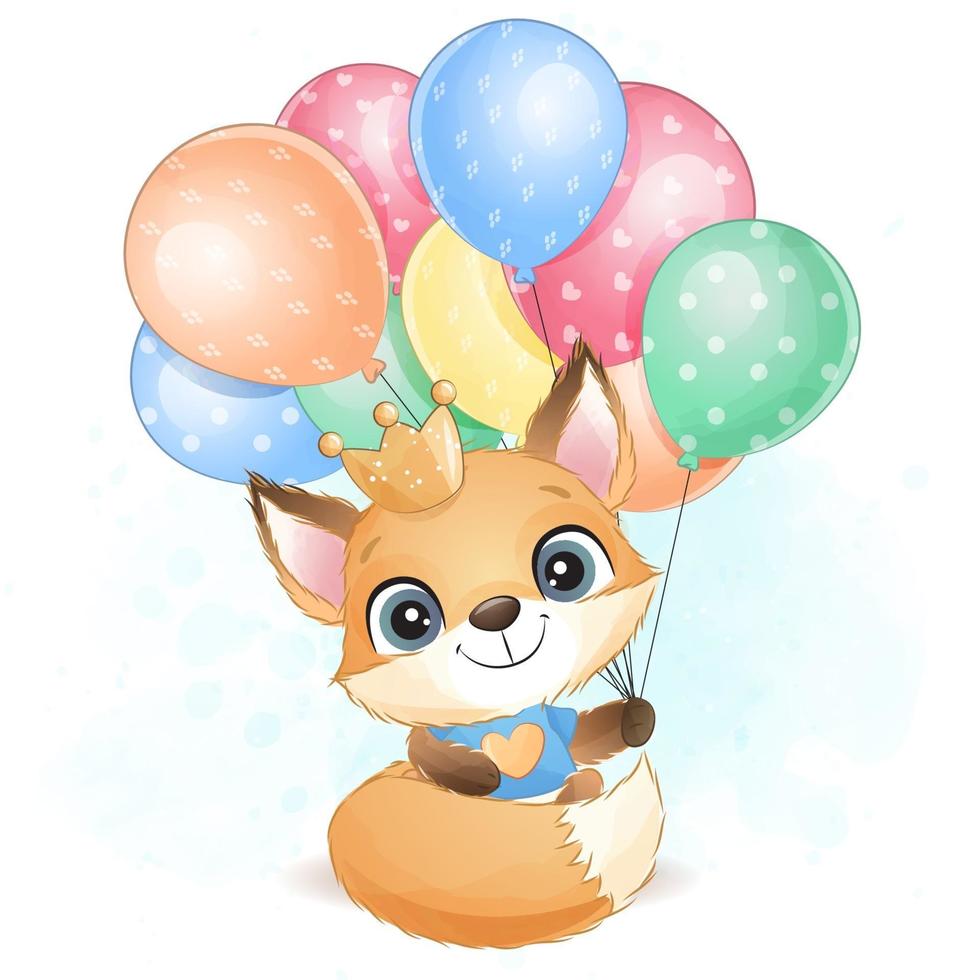 carino piccolo foxy che tiene un palloncino illustrazione vettore