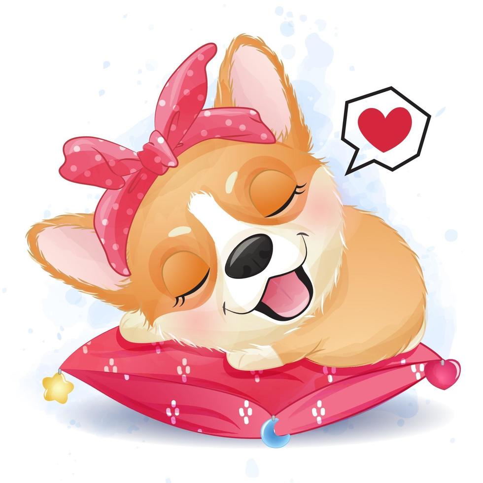 carino piccolo corgi che dorme nel cuscino vettore