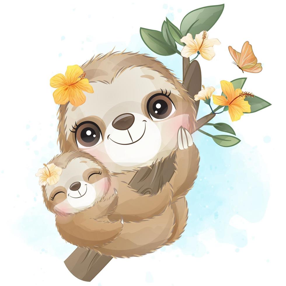 carino piccolo bradipo con illustrazione ad acquerello vettore