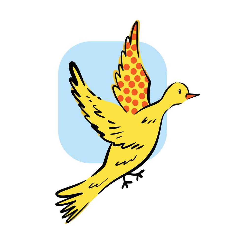 impaurito giallo colorato volante uccello con arancia polka puntini decorazione vettore illustrazione isolato su piazza bianca modello con leggero blu piazza decorazione come cielo. cartone animato schema semplice piatto arte stile