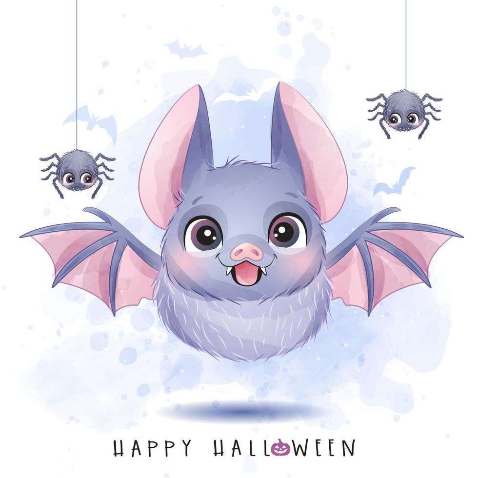 simpatico pipistrello e ragno per il giorno di halloween con illustrazione ad acquerello vettore